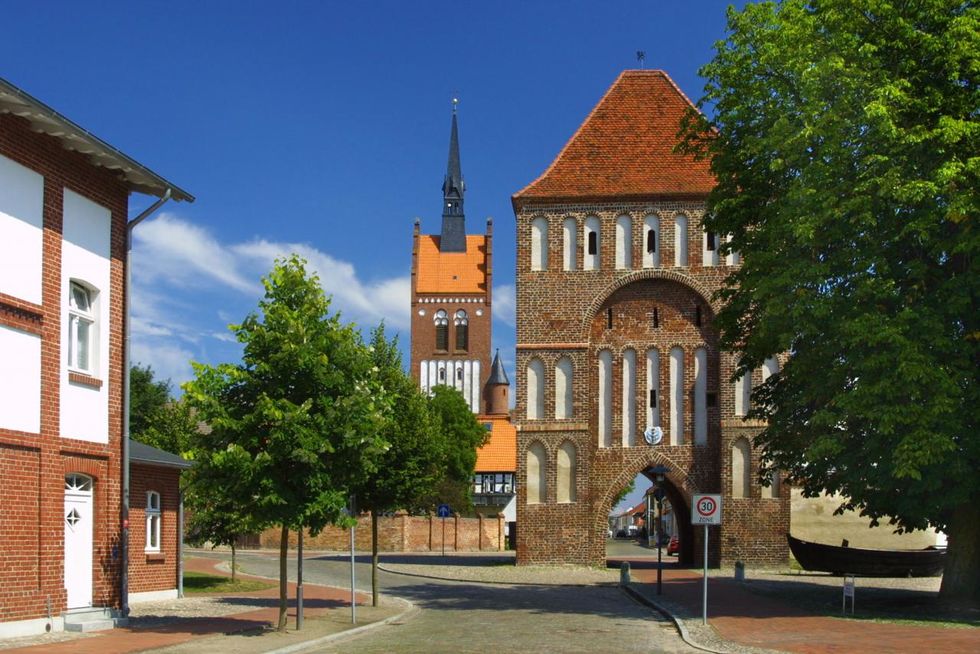 Usedom town gate with museum and church