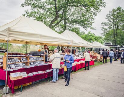 Verschiedene Stände mit verschiedenen Produkten auf dem Fischmarkt Altwarp