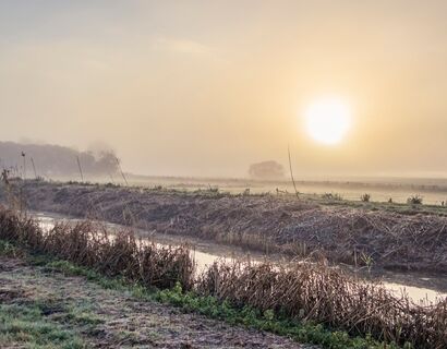 Ein Fluss bei Sonne mit Nebel
