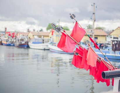 Rote Fahnen und im Hintergrund verschiedene Boote im Hafen Freest